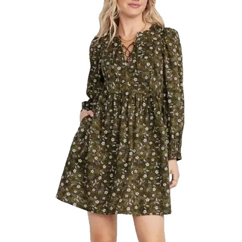 Old‎ Navy Dress Womens Sz Med Olive Green Floral Prairie LS Pockets Short